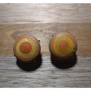 Vtg Wooden Gold Tone Round Boho Target Statement Fashion Clip-On Earring Jewelry